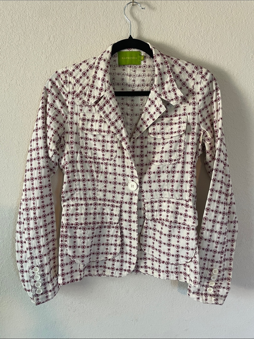 Women's White Blazer Jacket with Burgundy Geometric Pattern